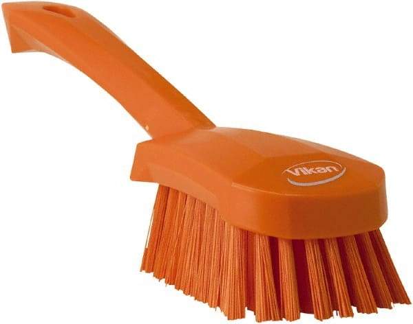 Vikan - 1.3" Bristle Length, Polyester Scrub Brush - 4-1/4" Long x 2-3/4" Wide Head, 10" OAL, Orange, Polypropylene Block - Benchmark Tooling