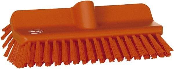 Vikan - 1-1/2" Bristle Length, Polyester Cleaning & Finishing Brush - 9-5/8" Long x 5" Wide Head, 10" OAL, European Threaded Handle, Orange, Polypropylene Block - Benchmark Tooling