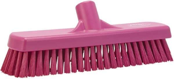 Vikan - 1.7" Bristle Length, Polyester Scrub Brush - 11-1/4" Long x 3" Wide Head, 12" OAL, European Threaded Handle, Pink, Polypropylene Block - Benchmark Tooling