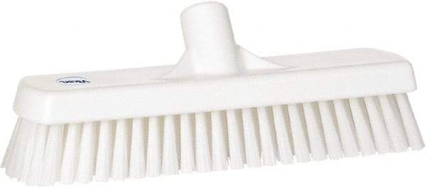 Vikan - 1.7" Bristle Length, Polyester Scrub Brush - 11-1/4" Long x 3" Wide Head, 12" OAL, European Threaded Handle, White, Polypropylene Block - Benchmark Tooling