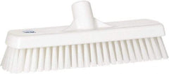 Vikan - 1.7" Bristle Length, Polyester Scrub Brush - 11-1/4" Long x 3" Wide Head, 12" OAL, European Threaded Handle, White, Polypropylene Block - Benchmark Tooling