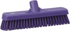 Vikan - 1.7" Bristle Length, Polyester Scrub Brush - 11-1/4" Long x 3" Wide Head, 12" OAL, European Threaded Handle, Purple, Polypropylene Block - Benchmark Tooling