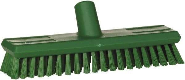 Vikan - 1.3" Bristle Length, Polyester Scrub Brush - 10-3/4" Long x 2-1/2" Wide Head, 11" OAL, European Threaded Handle, Green, Polypropylene Block - Benchmark Tooling