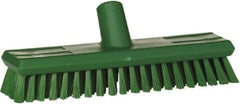 Vikan - 1.3" Bristle Length, Polyester Scrub Brush - 10-3/4" Long x 2-1/2" Wide Head, 11" OAL, European Threaded Handle, Green, Polypropylene Block - Benchmark Tooling