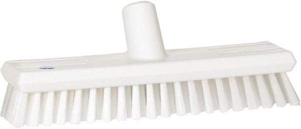 Vikan - 1.3" Bristle Length, Polyester Scrub Brush - 10-3/4" Long x 2-1/2" Wide Head, 11" OAL, European Threaded Handle, White, Polypropylene Block - Benchmark Tooling