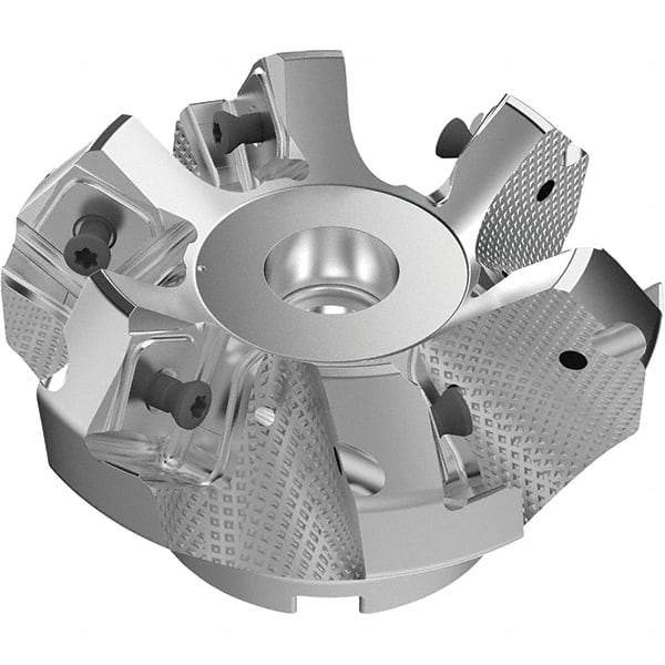 Seco - 3.15" Cut Diam, 1" Arbor Hole, 9mm Max Depth of Cut, 48° Indexable Chamfer & Angle Face Mill - 6 Inserts, Right Hand Cut, 6 Flutes, Through Coolant, Series R220.54 - Benchmark Tooling