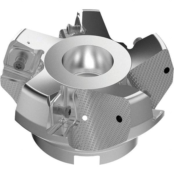 Seco - 3.94" Cut Diam, 1-1/2" Arbor Hole, 11mm Max Depth of Cut, 71° Indexable Chamfer & Angle Face Mill - 5 Inserts, Right Hand Cut, 5 Flutes, Through Coolant, Series R220.56 - Benchmark Tooling