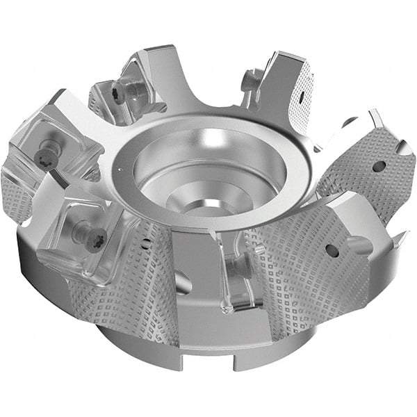 Seco - 100mm Cut Diam, 32mm Arbor Hole, 9mm Max Depth of Cut, 48° Indexable Chamfer & Angle Face Mill - 7 Inserts, 63 Insert, Right Hand Cut, 7 Flutes, Through Coolant, Series R220.54 - Benchmark Tooling