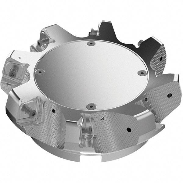 Seco - 6.3" Cut Diam, 2" Arbor Hole, 11mm Max Depth of Cut, 71° Indexable Chamfer & Angle Face Mill - 8 Inserts, Right Hand Cut, 8 Flutes, Through Coolant, Series R220.56 - Benchmark Tooling