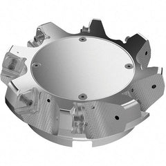 Seco - 6.3" Cut Diam, 2" Arbor Hole, 11mm Max Depth of Cut, 71° Indexable Chamfer & Angle Face Mill - 8 Inserts, Right Hand Cut, 8 Flutes, Through Coolant, Series R220.56 - Benchmark Tooling