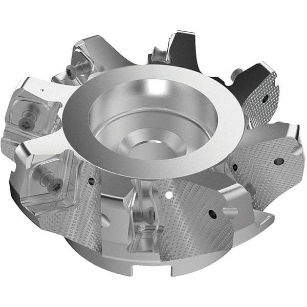 Seco - 125mm Cut Diam, 40mm Arbor Hole, 11mm Max Depth of Cut, 71° Indexable Chamfer & Angle Face Mill - 8 Inserts, 63 Insert, Right Hand Cut, 8 Flutes, Through Coolant, Series R220.56 - Benchmark Tooling
