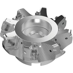Seco - 125mm Cut Diam, 40mm Arbor Hole, 11mm Max Depth of Cut, 71° Indexable Chamfer & Angle Face Mill - 8 Inserts, 63 Insert, Right Hand Cut, 8 Flutes, Through Coolant, Series R220.56 - Benchmark Tooling