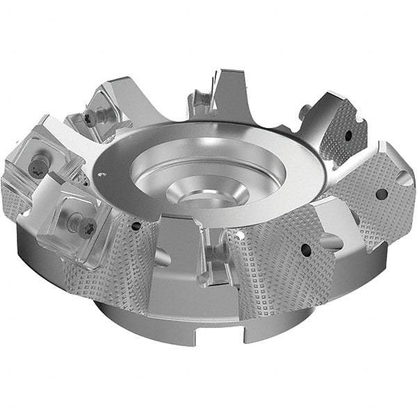 Seco - 125mm Cut Diam, 40mm Arbor Hole, 9mm Max Depth of Cut, 48° Indexable Chamfer & Angle Face Mill - 8 Inserts, 63 Insert, Right Hand Cut, 8 Flutes, Through Coolant, Series R220.54 - Benchmark Tooling