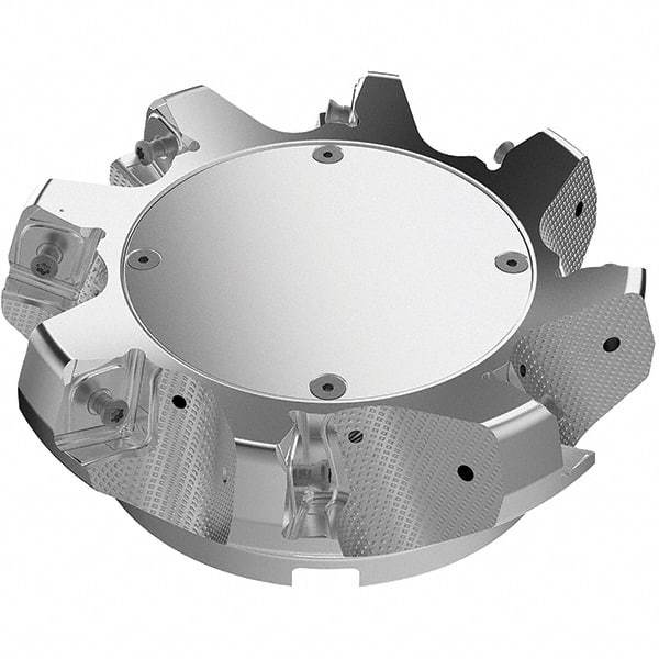 Seco - 160mm Cut Diam, 40mm Arbor Hole, 11mm Max Depth of Cut, 71° Indexable Chamfer & Angle Face Mill - 8 Inserts, 63 Insert, Right Hand Cut, 8 Flutes, Through Coolant, Series R220.56 - Benchmark Tooling