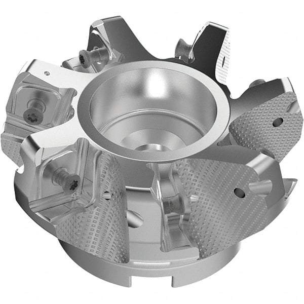 Seco - 100mm Cut Diam, 32mm Arbor Hole, 11mm Max Depth of Cut, 71° Indexable Chamfer & Angle Face Mill - 7 Inserts, 63 Insert, Right Hand Cut, 7 Flutes, Through Coolant, Series R220.56 - Benchmark Tooling