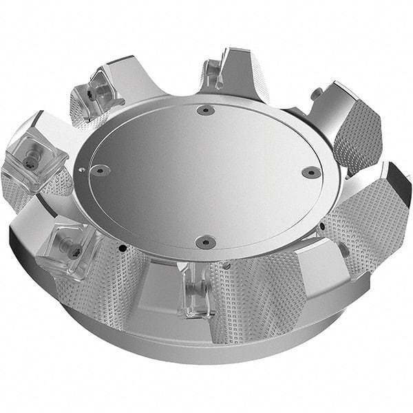 Seco - 6.3" Cut Diam, 2" Arbor Hole, 9mm Max Depth of Cut, 48° Indexable Chamfer & Angle Face Mill - 8 Inserts, Right Hand Cut, 8 Flutes, Through Coolant, Series R220.54 - Benchmark Tooling