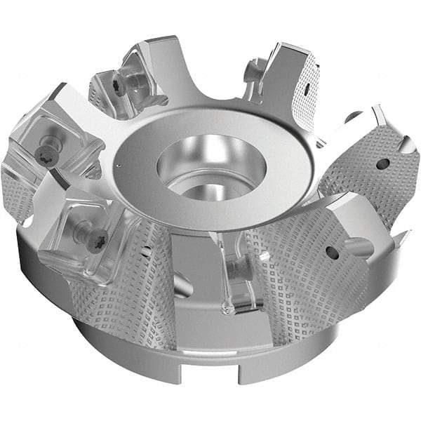 Seco - 3.94" Cut Diam, 1-1/2" Arbor Hole, 9mm Max Depth of Cut, 48° Indexable Chamfer & Angle Face Mill - 7 Inserts, Right Hand Cut, 7 Flutes, Through Coolant, Series R220.54 - Benchmark Tooling