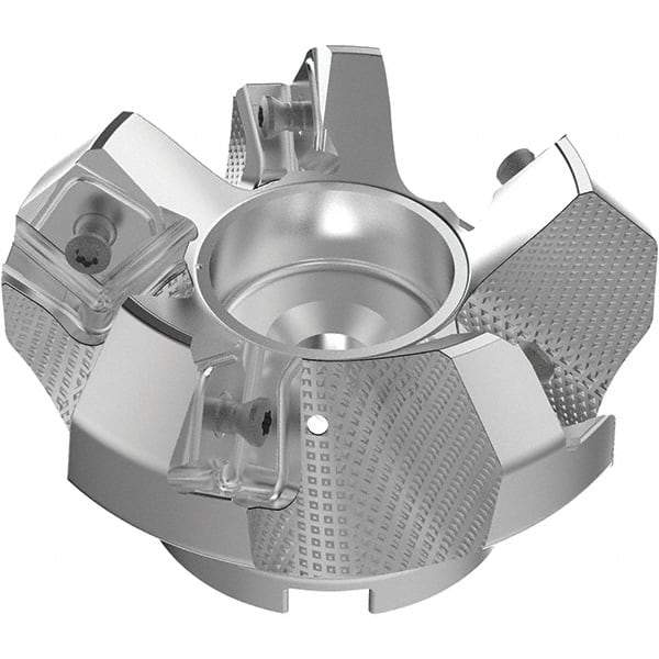 Seco - 80mm Cut Diam, 27mm Arbor Hole, 9mm Max Depth of Cut, 48° Indexable Chamfer & Angle Face Mill - 5 Inserts, 63 Insert, Right Hand Cut, 5 Flutes, Through Coolant, Series R220.54 - Benchmark Tooling
