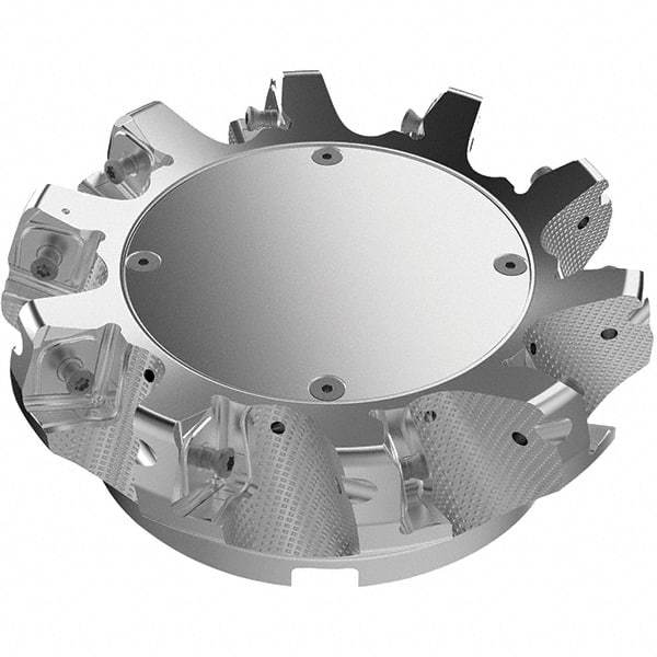Seco - 160mm Cut Diam, 40mm Arbor Hole, 11mm Max Depth of Cut, 71° Indexable Chamfer & Angle Face Mill - 10 Inserts, 63 Insert, Right Hand Cut, 10 Flutes, Through Coolant, Series R220.56 - Benchmark Tooling