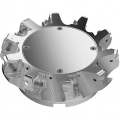 Seco - 160mm Cut Diam, 40mm Arbor Hole, 11mm Max Depth of Cut, 71° Indexable Chamfer & Angle Face Mill - 10 Inserts, 63 Insert, Right Hand Cut, 10 Flutes, Through Coolant, Series R220.56 - Benchmark Tooling