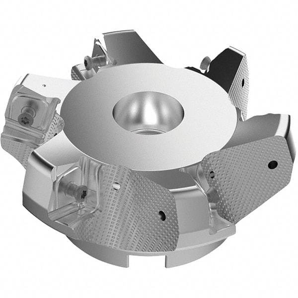 Seco - 4.92" Cut Diam, 1-1/2" Arbor Hole, 11mm Max Depth of Cut, 71° Indexable Chamfer & Angle Face Mill - 6 Inserts, Right Hand Cut, 6 Flutes, Through Coolant, Series R220.56 - Benchmark Tooling