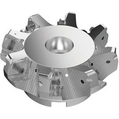 Seco - 4.92" Cut Diam, 1-1/2" Arbor Hole, 11mm Max Depth of Cut, 71° Indexable Chamfer & Angle Face Mill - 8 Inserts, Right Hand Cut, 8 Flutes, Through Coolant, Series R220.56 - Benchmark Tooling