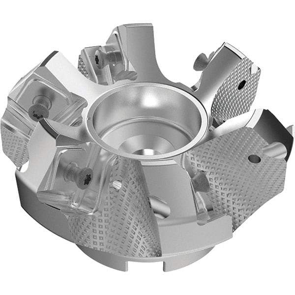 Seco - 80mm Cut Diam, 27mm Arbor Hole, 9mm Max Depth of Cut, 48° Indexable Chamfer & Angle Face Mill - 6 Inserts, 63 Insert, Right Hand Cut, 6 Flutes, Through Coolant, Series R220.54 - Benchmark Tooling