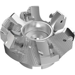 Seco - 80mm Cut Diam, 27mm Arbor Hole, 9mm Max Depth of Cut, 48° Indexable Chamfer & Angle Face Mill - 6 Inserts, 63 Insert, Right Hand Cut, 6 Flutes, Through Coolant, Series R220.54 - Benchmark Tooling