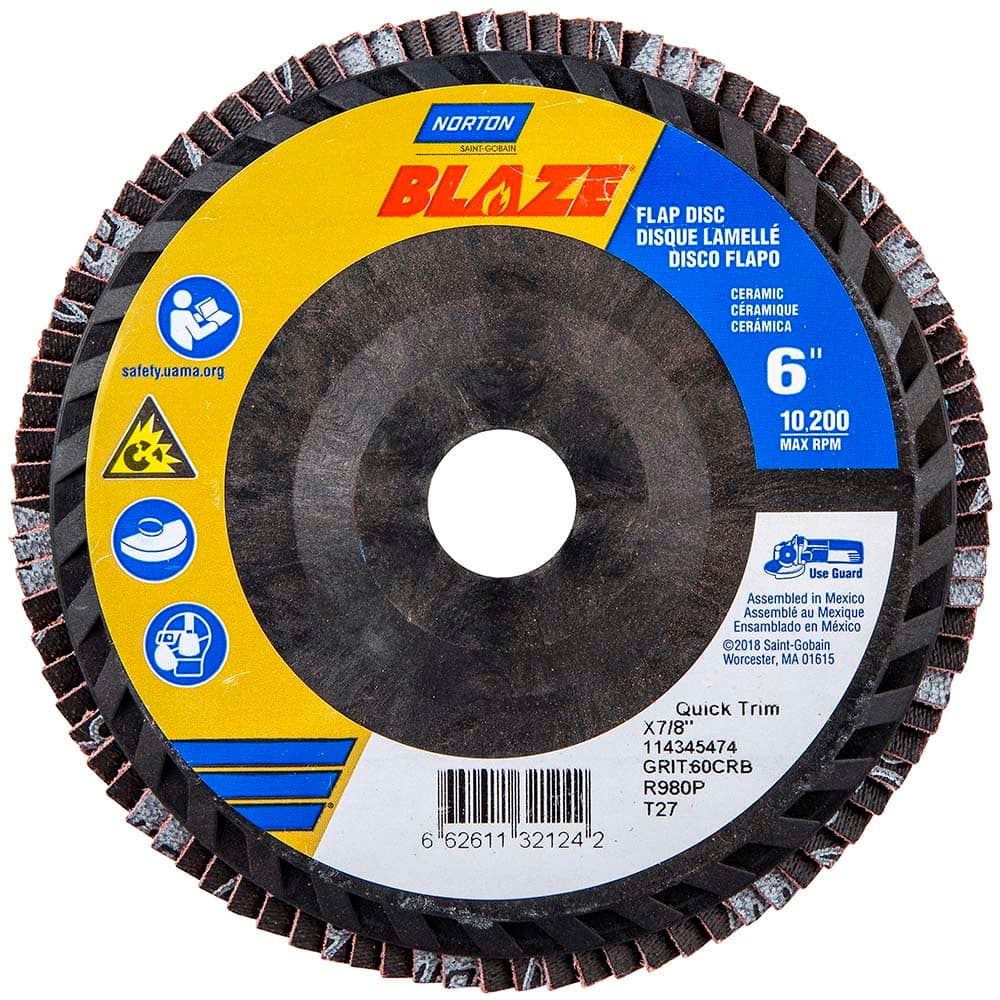 Norton - 6" 60 Grit 7/8" Center Hole Type 27 Ceramic Alumina Flap Disc - Benchmark Tooling