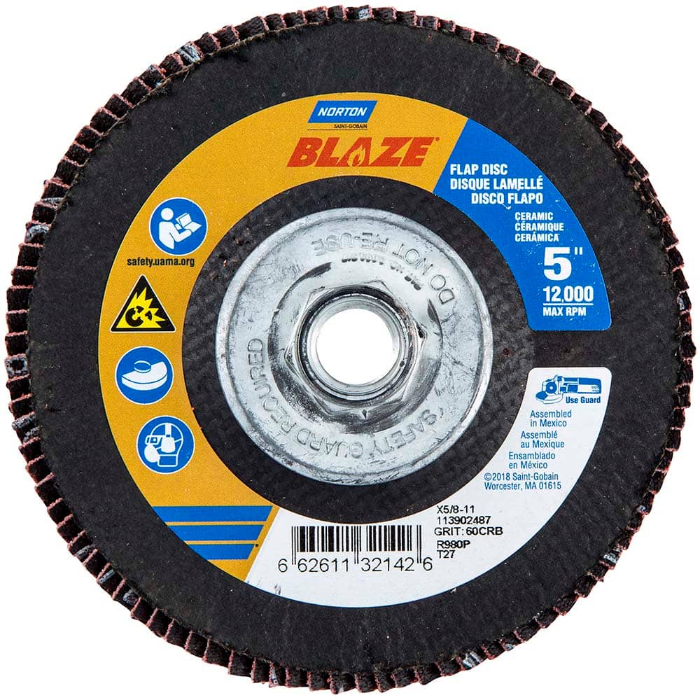 Norton - 5" 60 Grit 5/8-11 Center Hole Type 27 Ceramic Alumina Flap Disc - Benchmark Tooling