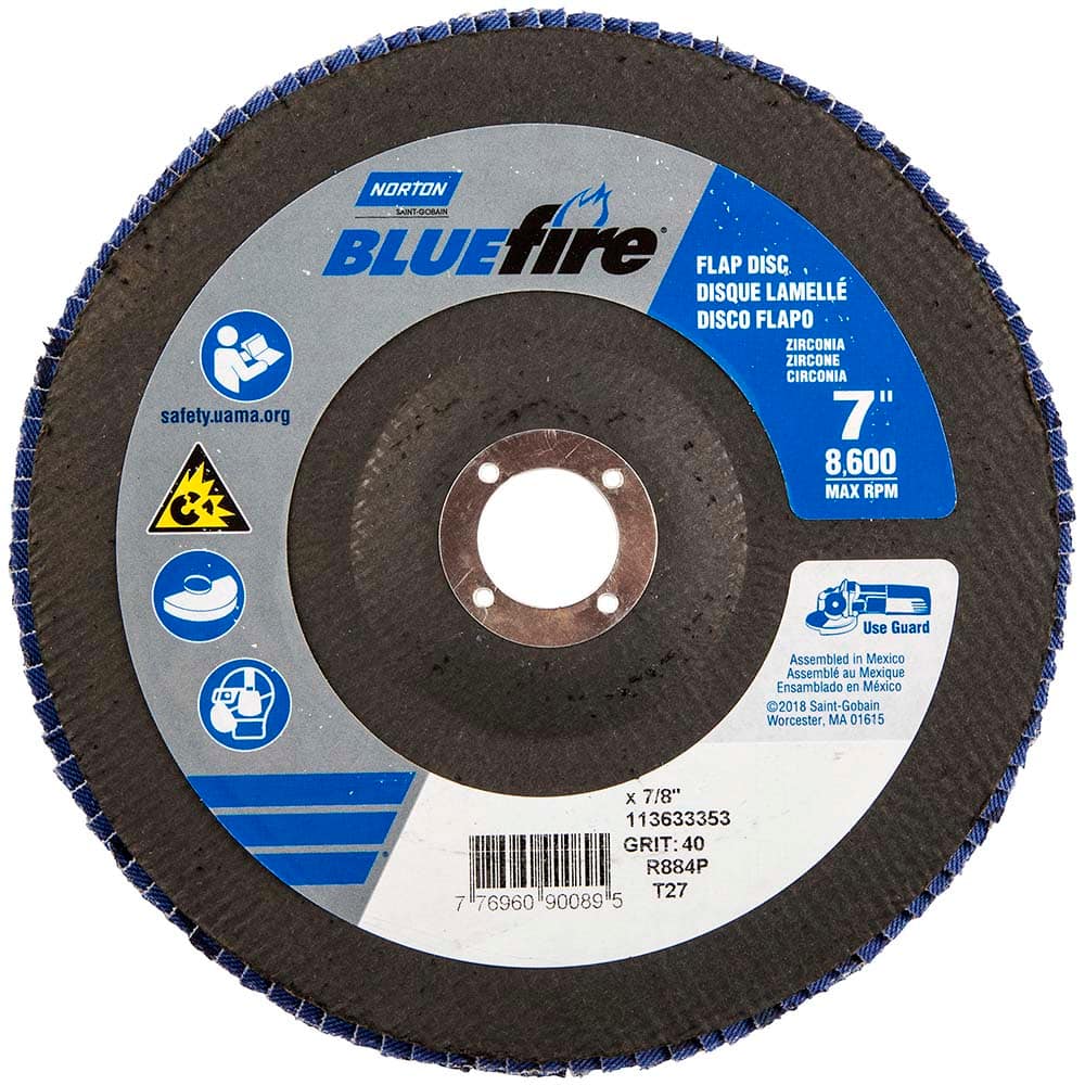 Norton - 7" 40 Grit 7/8" Center Hole Type 27 Zirconia Alumina Flap Disc - Benchmark Tooling