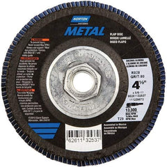 Norton - 80 Grit, 4-1/2" Disc Diam, 5/8-11 Center Hole, Type 29 Zirconia Alumina Flap Disc - 13,300 Max RPM, Fiberglass Backing, Arbor Attaching System, Coated - Benchmark Tooling
