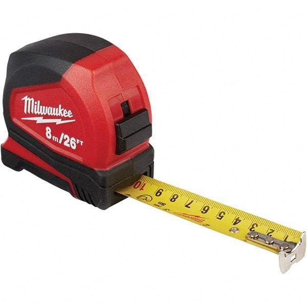 Milwaukee Tool - 26' x 1" Yellow Steel Blade Tape Measure - 1/16", 1mm & 1 cm Graduation, Inch/Metric Graduation Style, Red/Black ABS Plastic Case - Benchmark Tooling