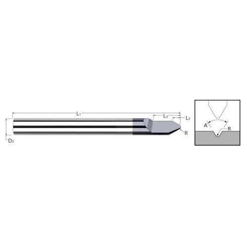 Engraving Cutters - 0.1250″ (1/8″) Shank Diameter × 0.0025″ Radius × 60° included Carbide Radius Engraver, 1 Flute, Amorphous Diamond Coated