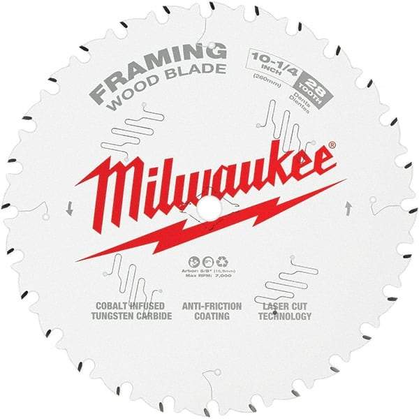 Milwaukee Tool - 10-1/4" Diam, 5/8" Arbor Hole Diam, 28 Tooth Wet & Dry Cut Saw Blade - Tungsten Carbide-Tipped, Framing Action, Standard Round Arbor - Benchmark Tooling