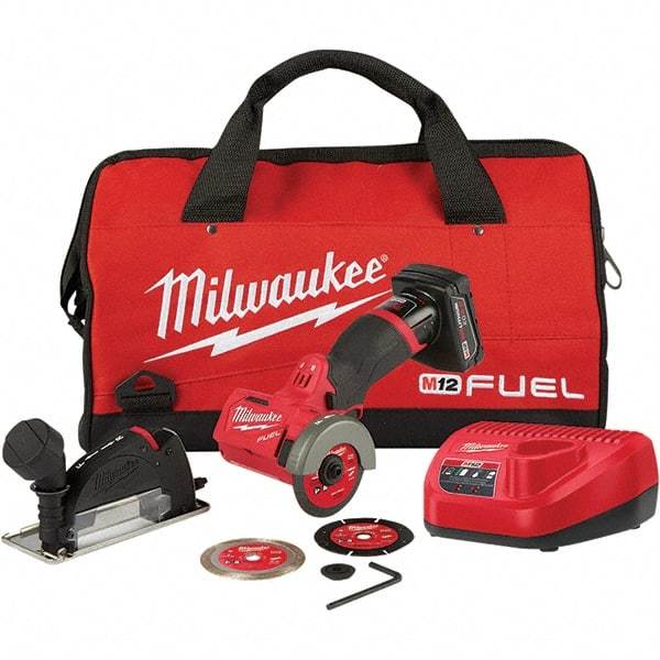 Milwaukee Tool - 3" Wheel Diam, 20,000 RPM, Cordless Cutoff & Cutoff-Grinder Tool - Trigger Handle, 12 Volt, Battery Included - Benchmark Tooling