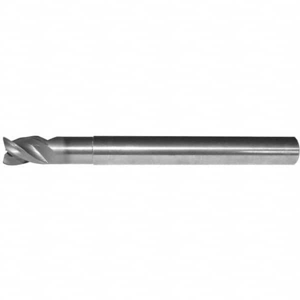 Corner Radius End Mill: 0.6299″ Dia, 0.9449″ LOC, 0.1575″ Radius, 3 Flutes, Solid Carbide 38 ° Helix, Bright/Uncoated, Corner Radius End, Series ABDE