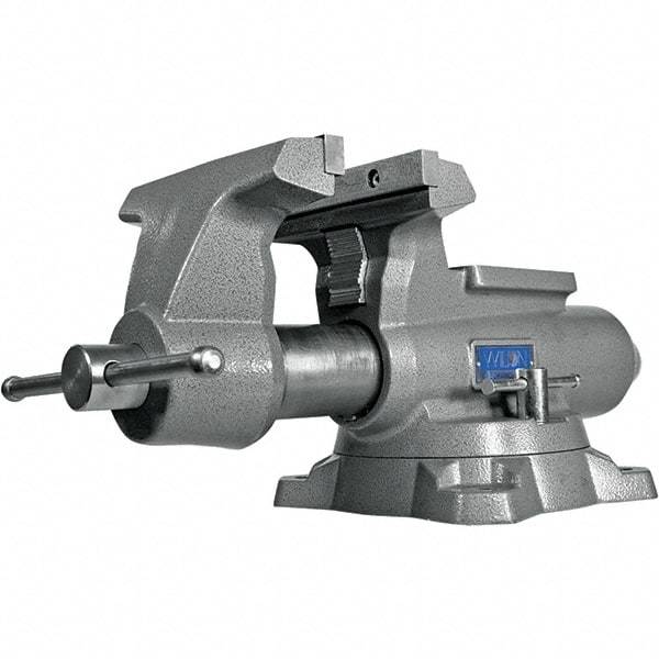 Wilton - 8-1/2" Jaw Width, 8-1/2" Opening Capacity, 4-1/2" Throat Depth, Iron Swivel Bench Vise - Double Lockdown Base Attachment, Anvil, 23-39/64" Long x 12-39/64" Wide x 10-19/64" High - Benchmark Tooling