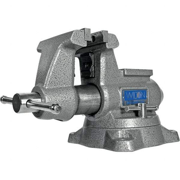 Wilton - 4-1/2" Jaw Width, 4" Opening Capacity, 3-1/2" Throat Depth, Iron Swivel Bench Vise - Double Lockdown Base Attachment, Anvil, 15-13/32" Long x 9-13/32" Wide x 8" High - Benchmark Tooling