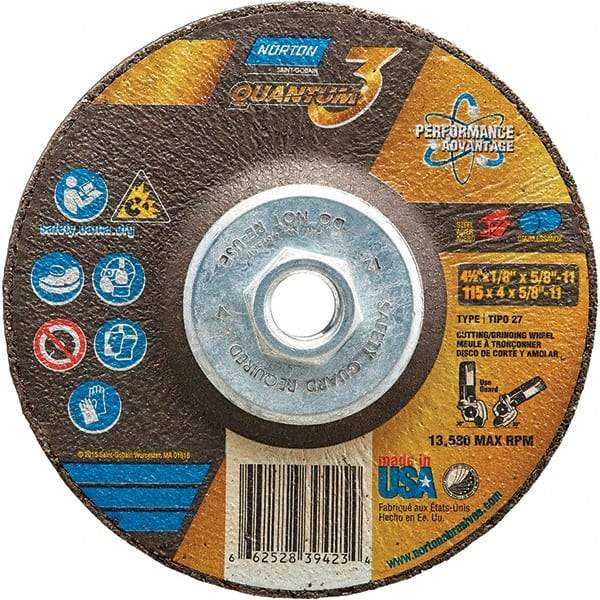 Norton - 24 Grit, 4-1/2" Wheel Diam, 1/8" Wheel Thickness, 5/8" Arbor Hole, Type 27 Depressed Center Wheel - Coarse Grade, Ceramic, Resinoid Bond, 13,580 Max RPM - Benchmark Tooling