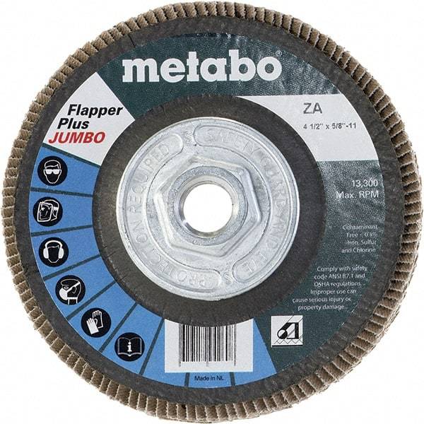 Metabo - 40 Grit, 4-1/2" Disc Diam, 5/8-11 Center Hole, Type 29 Zirconia Alumina Flap Disc - 13,300 Max RPM, Fiberglass Backing, Arbor Attaching System, Coated - Benchmark Tooling