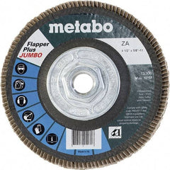 Metabo - 80 Grit, 4-1/2" Disc Diam, 5/8-11 Center Hole, Type 27 Zirconia Alumina Flap Disc - 13,300 Max RPM, Fiberglass Backing, Arbor Attaching System, Coated - Benchmark Tooling