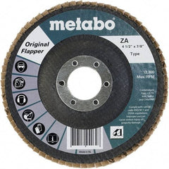 Metabo - 60 Grit, 4-1/2" Disc Diam, 7/8" Center Hole, Type 27 Zirconia Alumina Flap Disc - 13,300 Max RPM, Fiberglass Backing, Arbor Attaching System, Coated - Benchmark Tooling