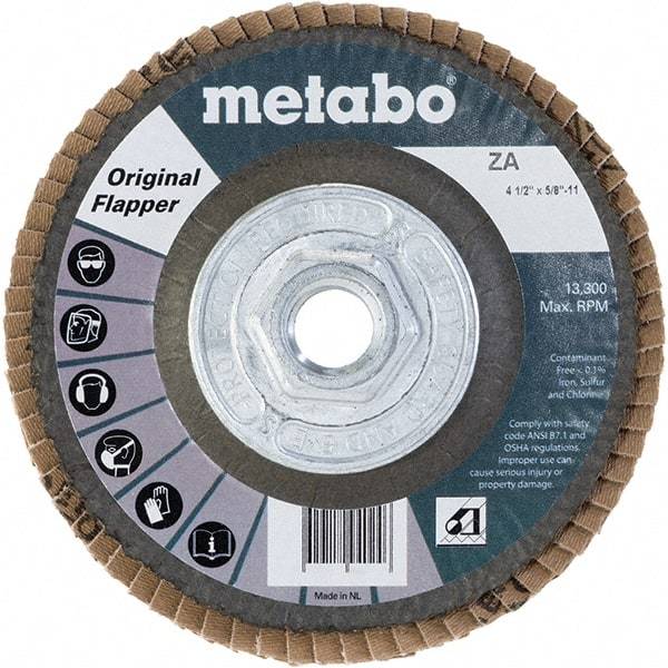 Metabo - 80 Grit, 4-1/2" Disc Diam, 5/8-11 Center Hole, Type 27 Zirconia Alumina Flap Disc - 13,300 Max RPM, Fiberglass Backing, Arbor Attaching System, Coated - Benchmark Tooling