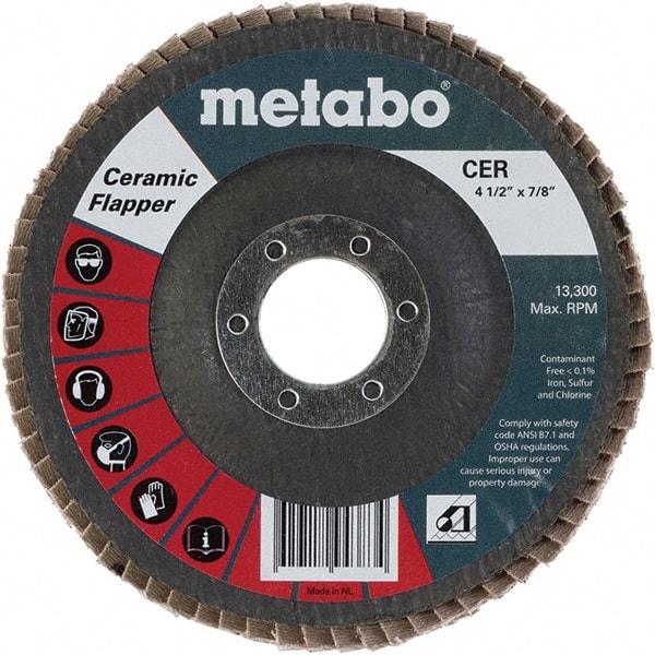 Metabo - 40 Grit, 4-1/2" Disc Diam, 7/8" Center Hole, Type 27 Ceramic Flap Disc - 13,300 Max RPM, Fiberglass Backing, Arbor Attaching System, Coated - Benchmark Tooling