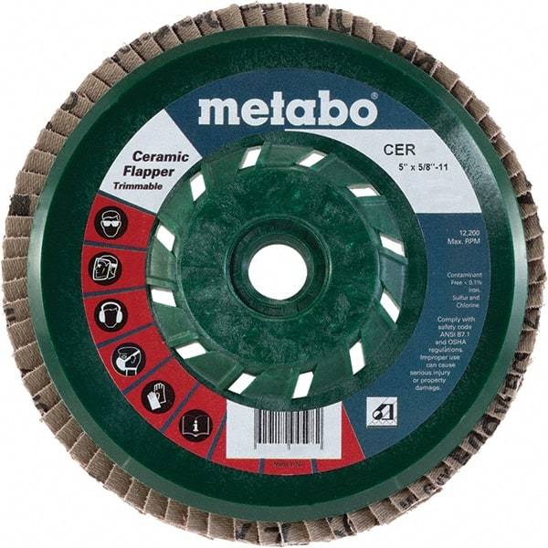 Metabo - 40 Grit, 5" Disc Diam, 5/8-11 Center Hole, Type 29 Ceramic Flap Disc - 12,200 Max RPM, Plastic Backing, Arbor Attaching System, Coated - Benchmark Tooling