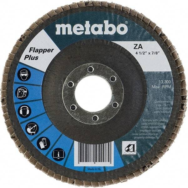 Metabo - 40 Grit, 4-1/2" Disc Diam, 7/8" Center Hole, Type 27 Zirconia Alumina Flap Disc - 13,300 Max RPM, Fiberglass Backing, Arbor Attaching System, Coated - Benchmark Tooling