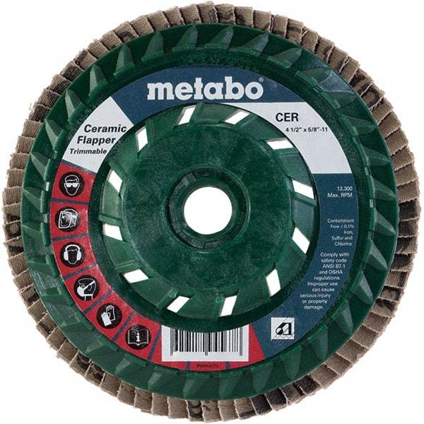 Metabo - 60 Grit, 4-1/2" Disc Diam, 5/8-11 Center Hole, Type 29 Ceramic Flap Disc - 13,300 Max RPM, Plastic Backing, Arbor Attaching System, Coated - Benchmark Tooling