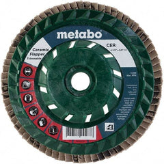 Metabo - 40 Grit, 4-1/2" Disc Diam, 5/8-11 Center Hole, Type 29 Ceramic Flap Disc - 13,300 Max RPM, Plastic Backing, Arbor Attaching System, Coated - Benchmark Tooling