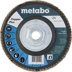 Metabo - 40 Grit, 4-1/2" Disc Diam, 5/8-11 Center Hole, Type 29 Zirconia Alumina Flap Disc - 13,300 Max RPM, Fiberglass Backing, Arbor Attaching System, Coated - Benchmark Tooling